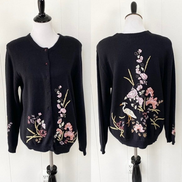 VTG Tierra International Sweater Black Embroidered Floral Knit Cardigan Size M - Picture 1 of 14